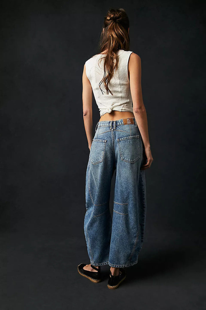 High-Stretch Mid-Rise Barrel Jeans-MODAUTLET
