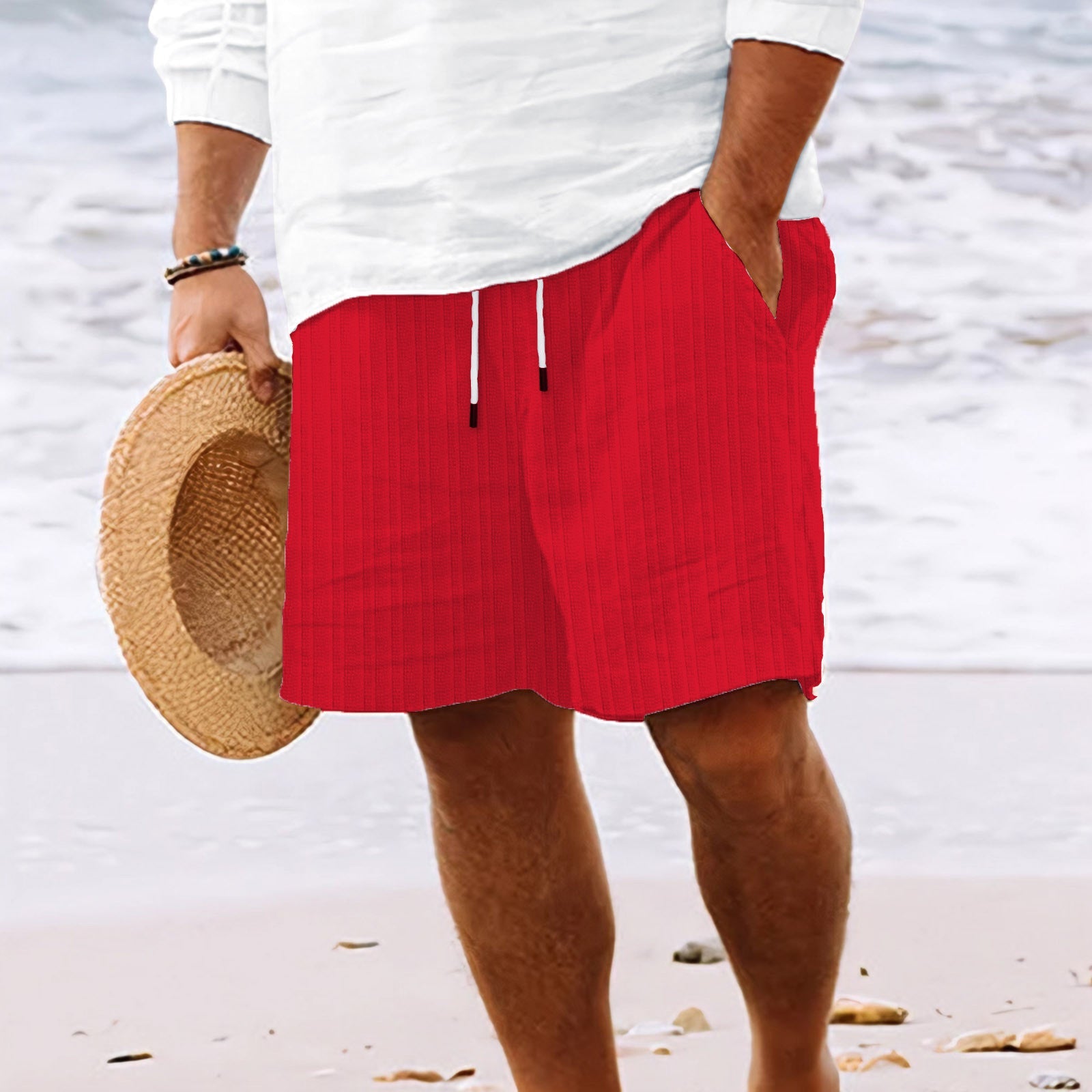 Mens Breathable Striped Drawstring Summer Shorts For Men Red
