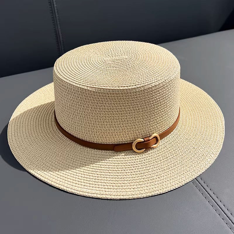 Chapéu de Palha Feminino Plano de Verão com Proteção UV para Uso à Beira-Mar