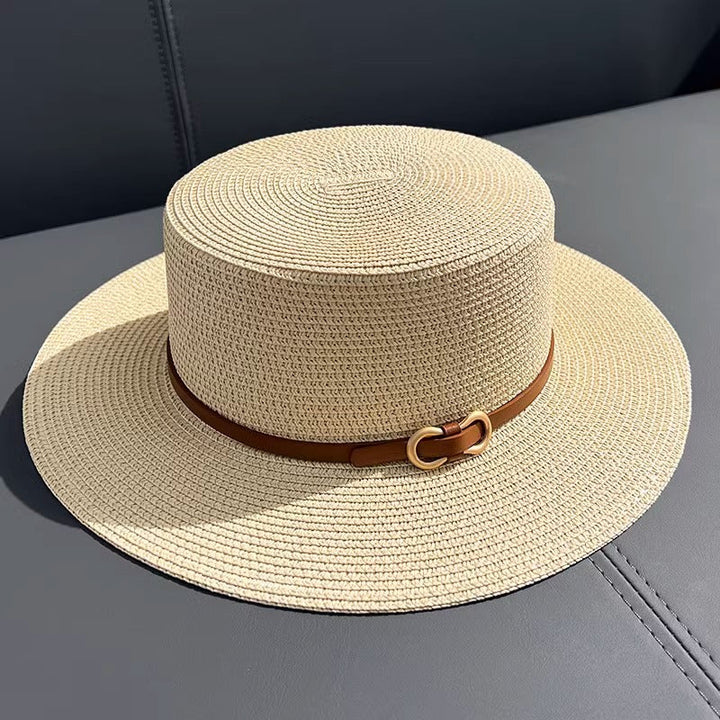 Chapéu de Palha Feminino Plano de Verão com Proteção UV para Uso à Beira-Mar