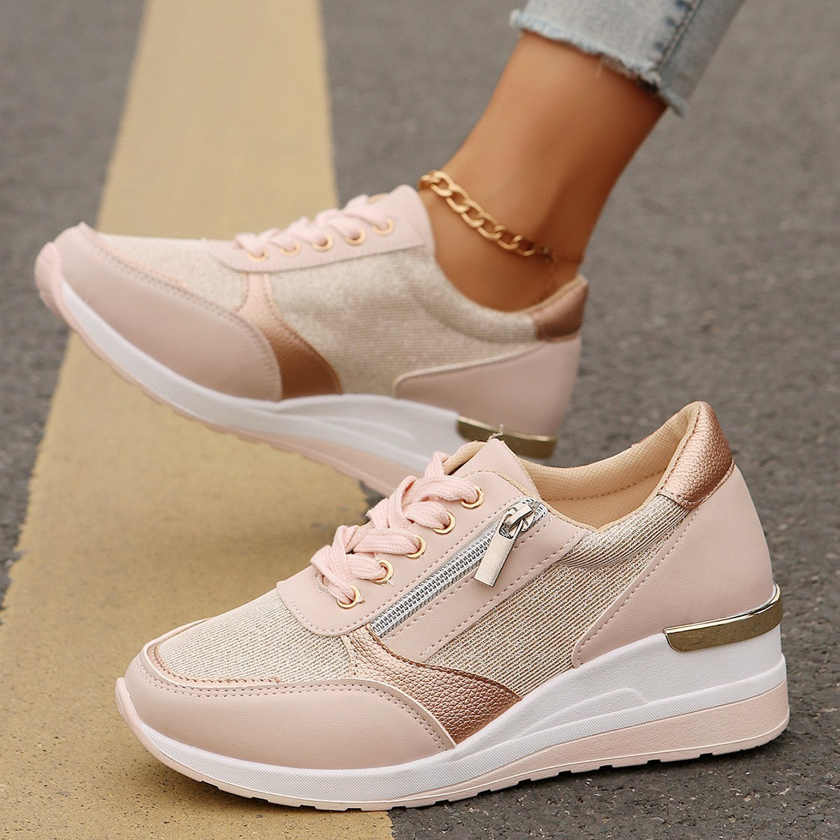 Women's Side-Zip Lace-Up Sneakers Pink