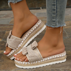 Women's Chic Mid-Heel Bow Sandals for Office & Events Beige