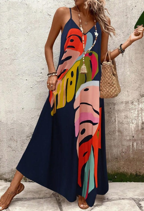 Women's Vibrant Leaf Print Maxi Dress