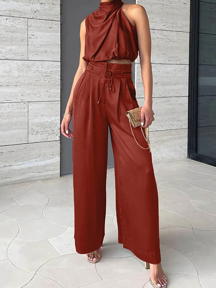 Satin One‑Shoulder Two‑Piece Set RED