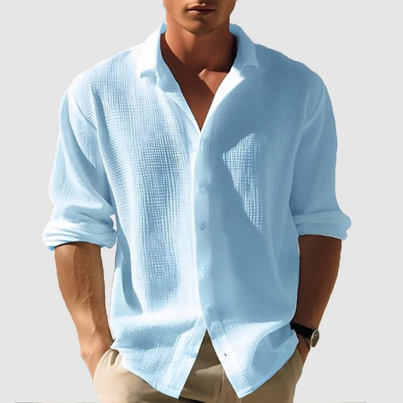 Mens Lapel Long Sleeve Shirt Solid Dress Casual Top Light Blue