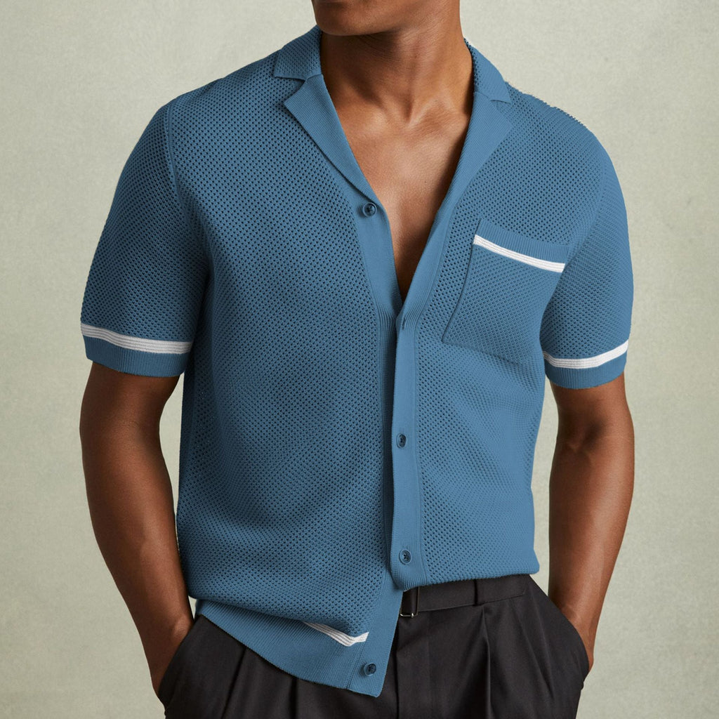 Breathable Mesh Polo Shirt With Cuban Collar For Summer Blue