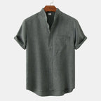 Lightweight Cotton Linen Short Sleeve Shirt Mandarin Collar Dark Green