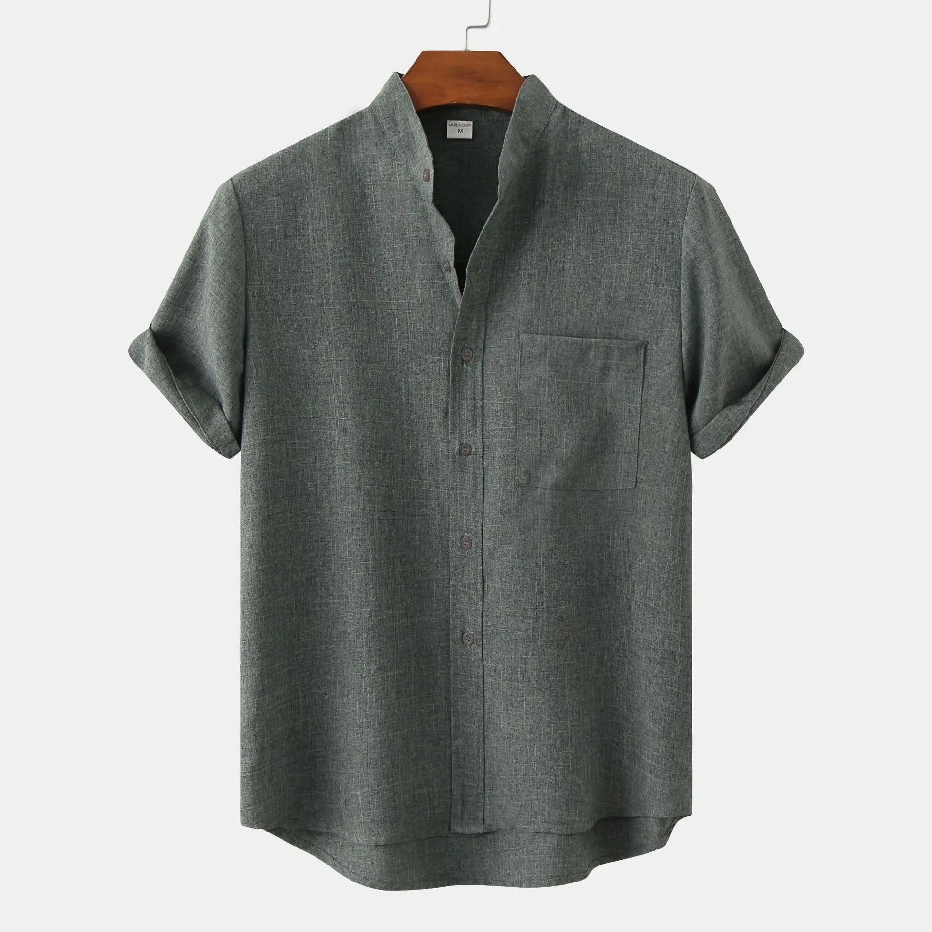 Lightweight Cotton Linen Short Sleeve Shirt Mandarin Collar Dark Green