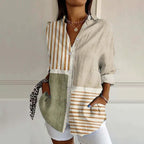 Women's Classic Vintage Blouse Striped Blouse with Color Block