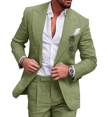 Mens Linen Suit Slim Fit 2 Piece Set Blazer Pants Summer-MODAUTLET