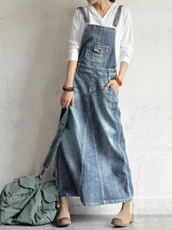 Women's Casual Vintage Back Slit Denim Overall Dress