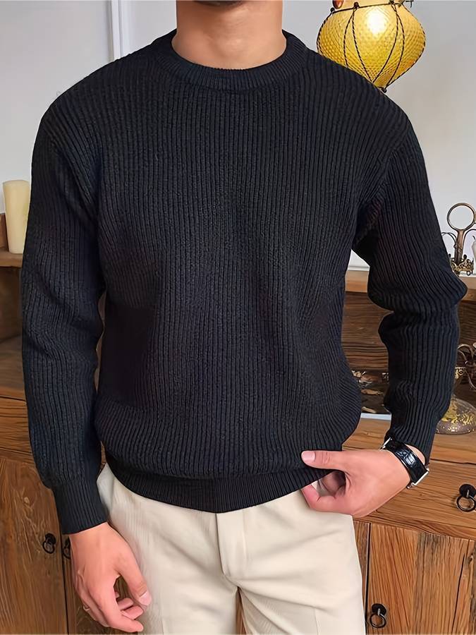 Men's Ribbed Long Sleeve Crew Neck Pullover Sweater Black
