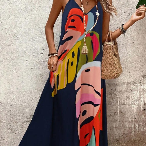 Women's Vibrant Leaf Print Maxi Dress