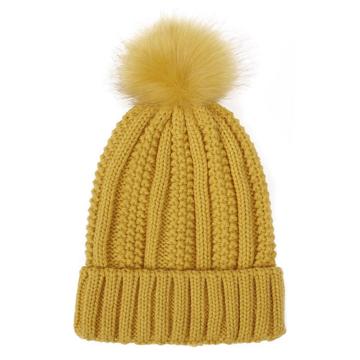 Gorro de punto elegante para mujer con pompón de piel sintética para invierno