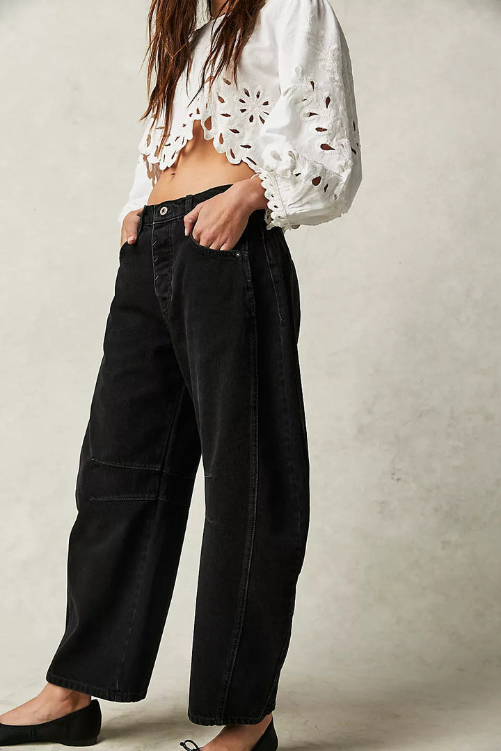 High-Stretch Mid-Rise Barrel Jeans-MODAUTLET