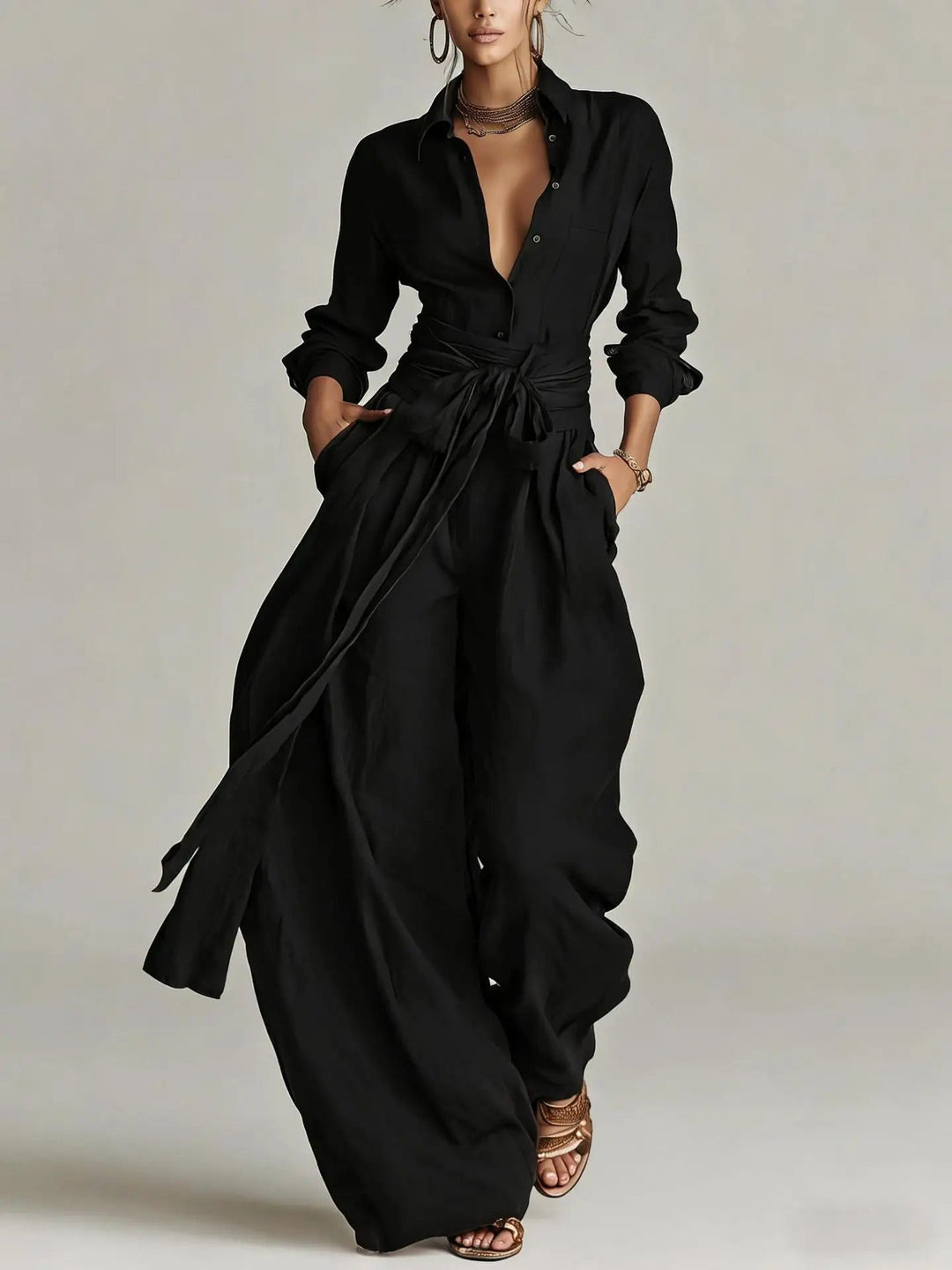 Florence | Women's Cotton-Linen Belted Long-Sleeve Jumpsuit