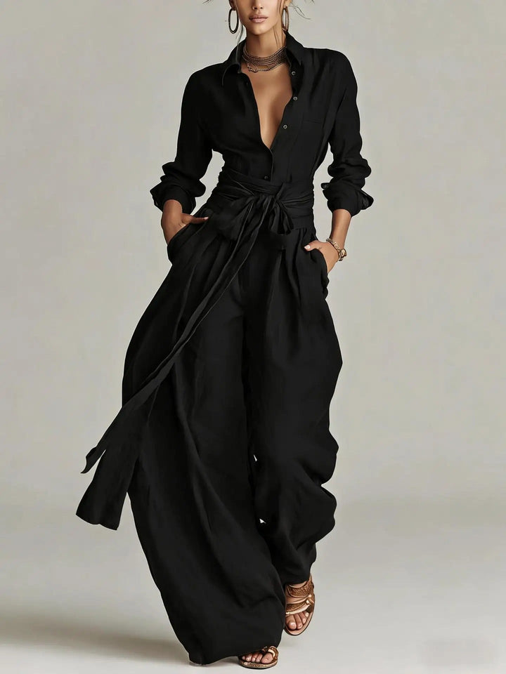 Florence | Women's Cotton-Linen Belted Long-Sleeve Jumpsuit
