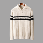 Men's Cozy Cable Knit Striped Quarter-Zip Sweater – Stylish Comfort Cream
