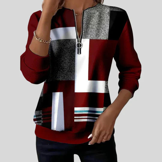 Women's Geometric Print Sweatshirt with Zipper Neck and Long Sleeves