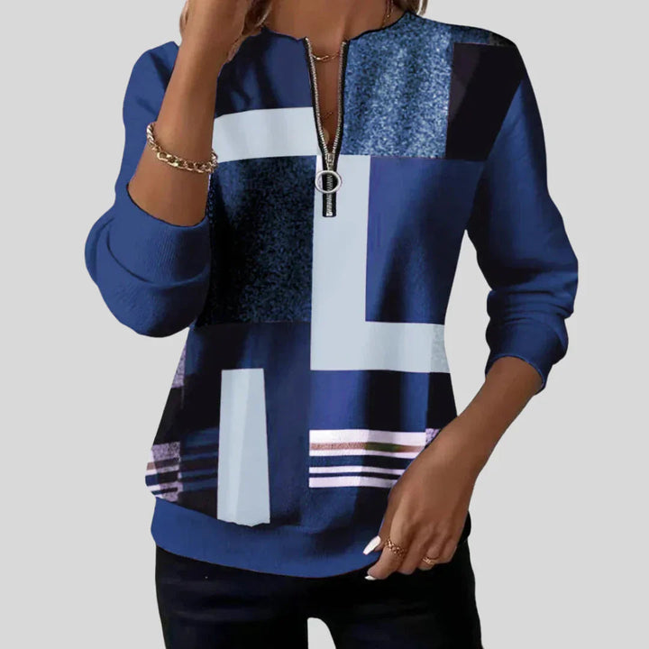 Women's Geometric Print Sweatshirt with Zipper Neck and Long Sleeves