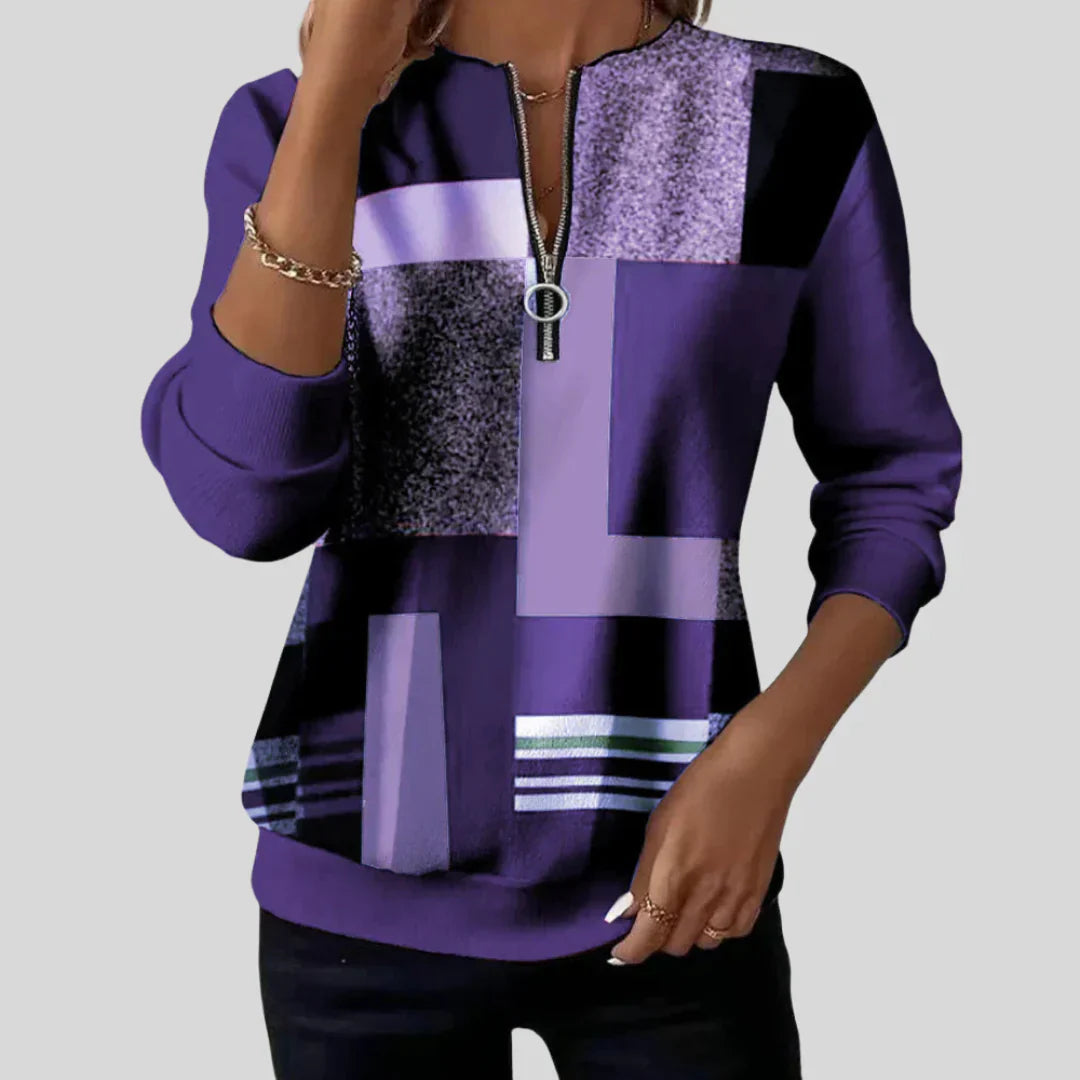 Women's Geometric Print Sweatshirt with Zipper Neck and Long Sleeves