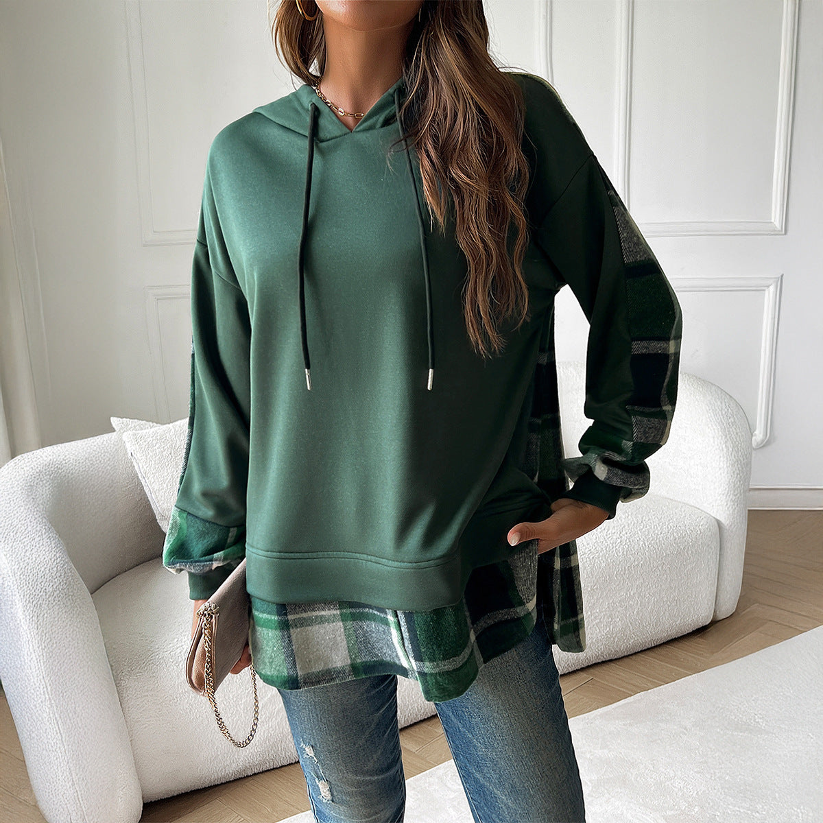Vintage Oversized Plaid Patchwork Hoodie Green