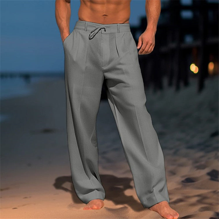Men's Wide-Leg Casual Drawstring Pants with Pockets Dark Gray
