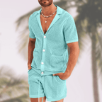 Men's Summer Hollow Short Sleeve Shirt And Shorts Set