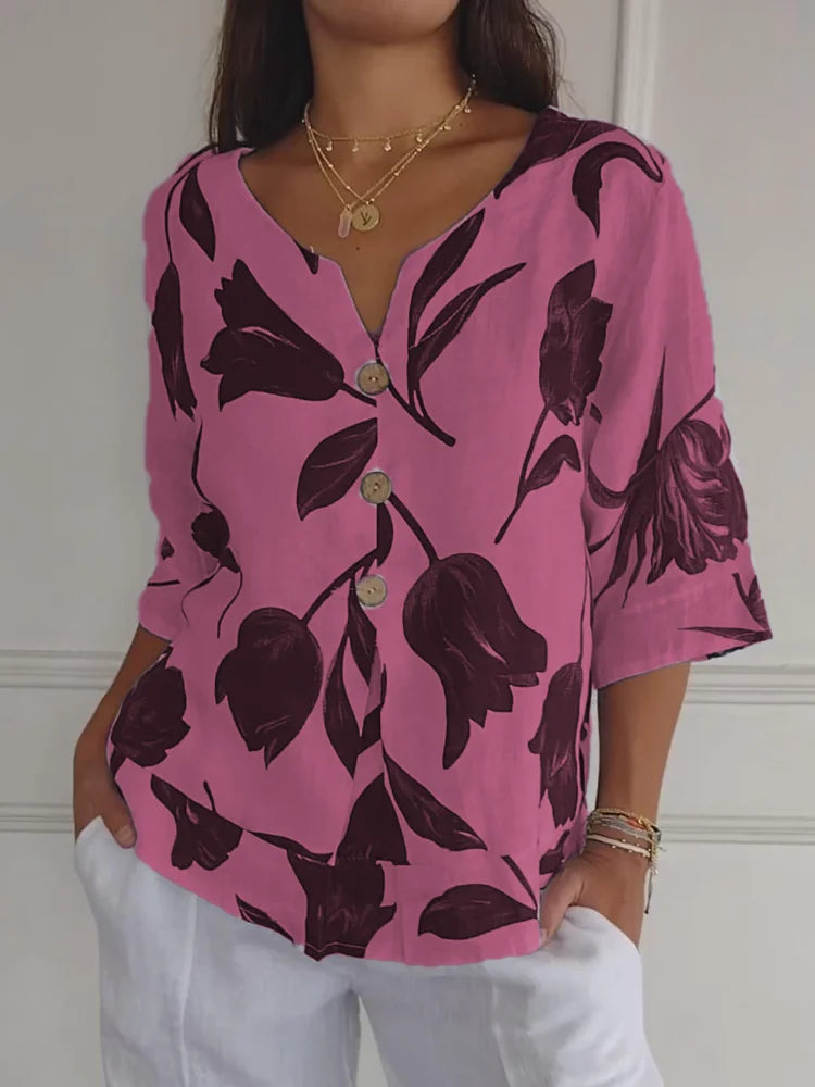 Women's Floral V-Neck Blouse Pink