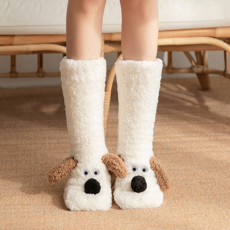 Cozy Cartoon Dog Plush Floor Socks for Women - Non-Slip Winter Warmth White Dog One size