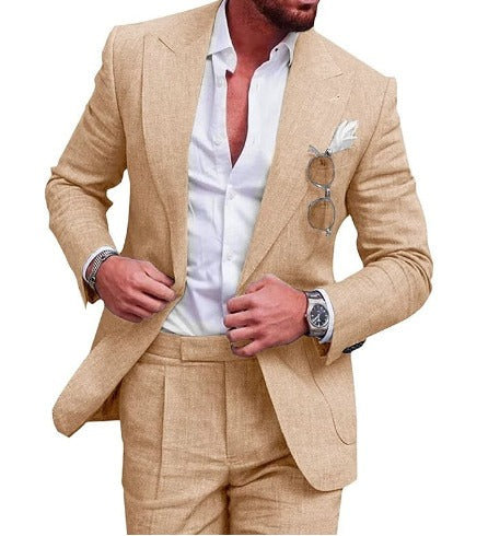 Mens Linen Suit Slim Fit 2 Piece Set Blazer Pants Summer Champagne