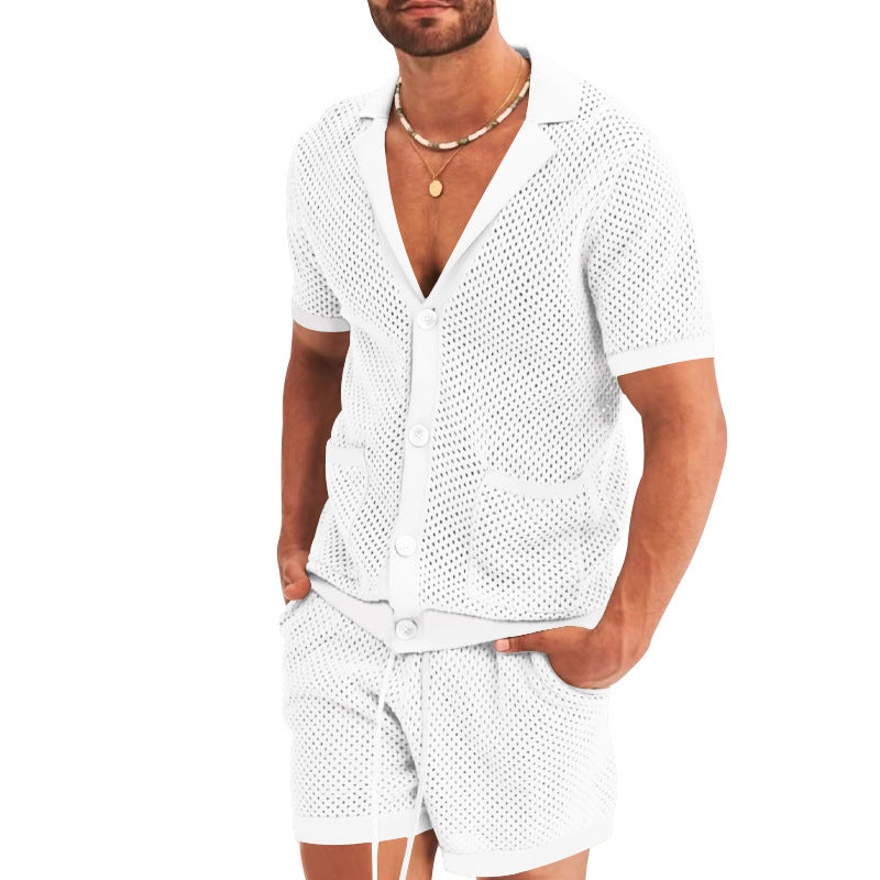 Men's Summer Hollow Short Sleeve Shirt And Shorts Set White