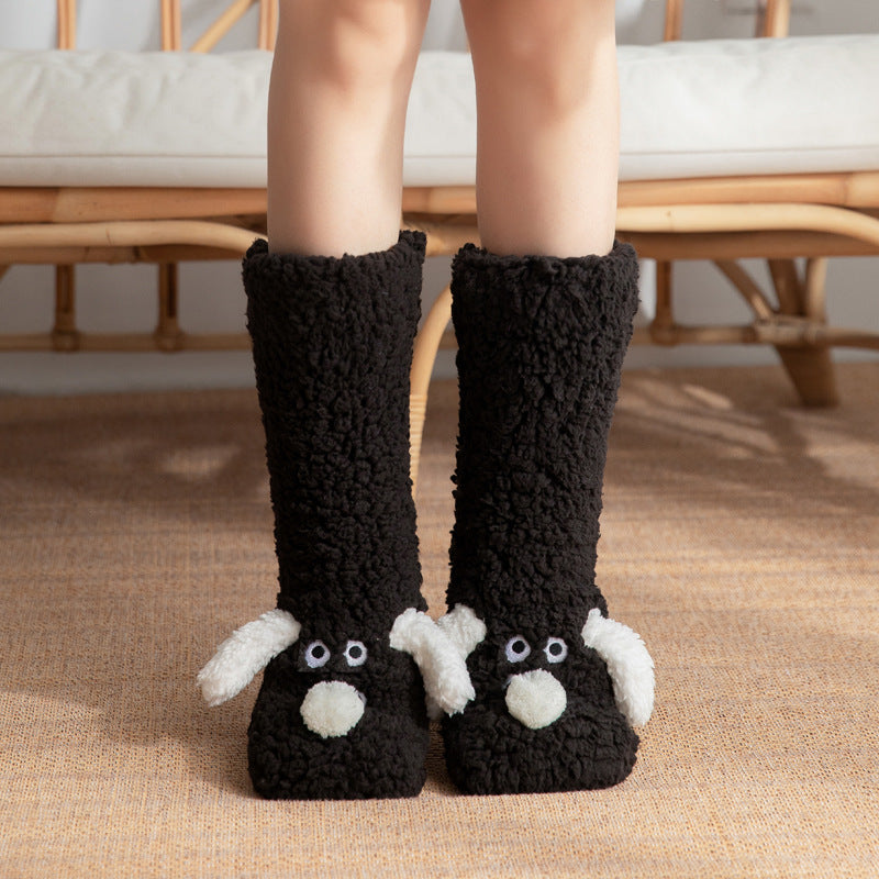 Cozy Cartoon Dog Plush Floor Socks for Women - Non-Slip Winter Warmth Black Dog One size