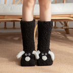 Cozy Cartoon Dog Plush Floor Socks for Women - Non-Slip Winter Warmth Black Dog One size