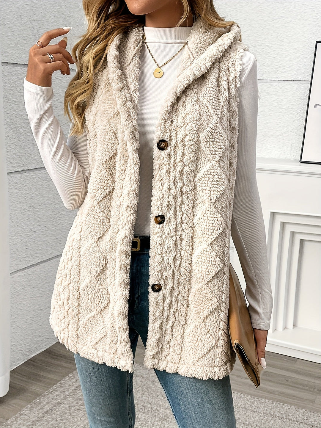 Gilet douillet sans manches à capuche pour femme