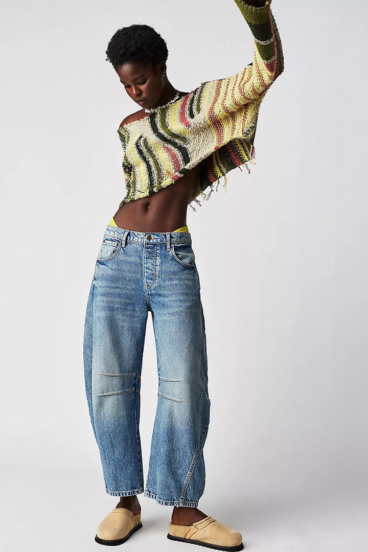 High-Stretch Mid-Rise Barrel Jeans-MODAUTLET