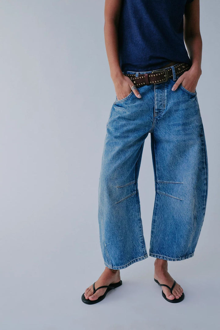 High-Stretch Mid-Rise Barrel Jeans-MODAUTLET