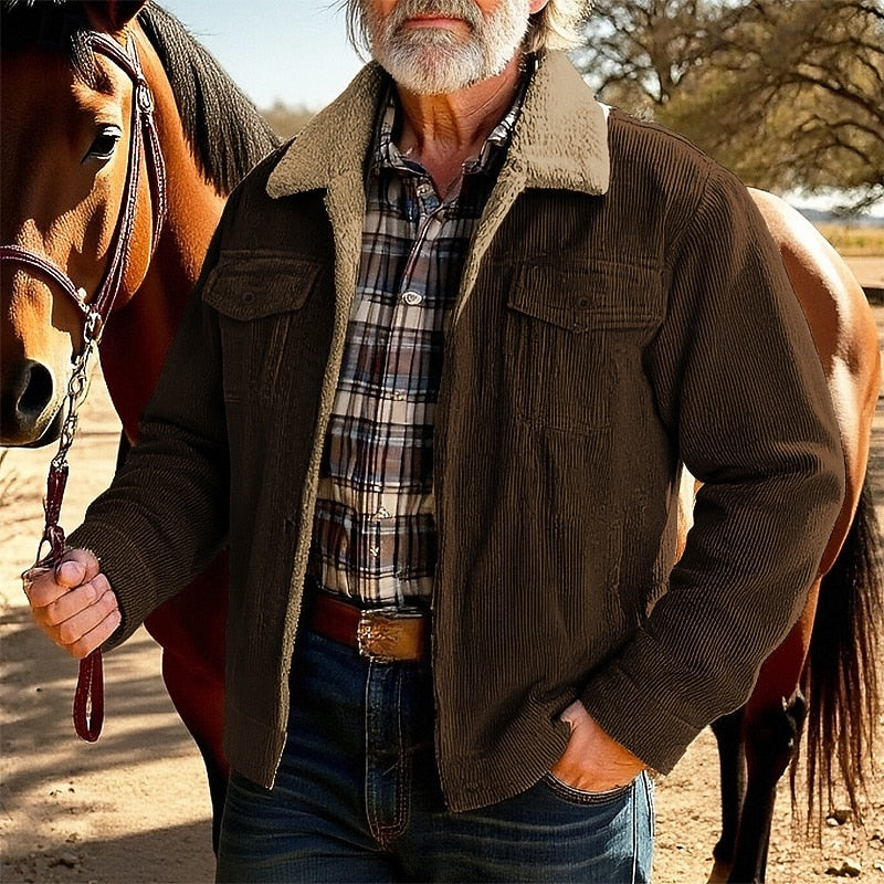 Men's Khaki Corduroy Sherpa-Lined Trucker Jacket with Chest Pockets