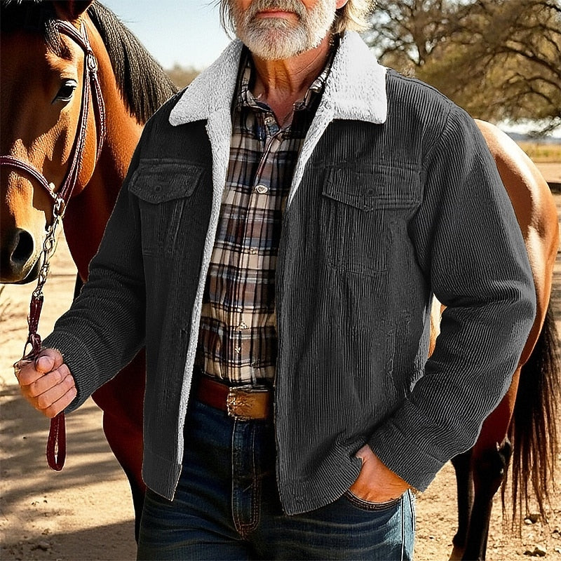 Men's Khaki Corduroy Sherpa-Lined Trucker Jacket with Chest Pockets Gray