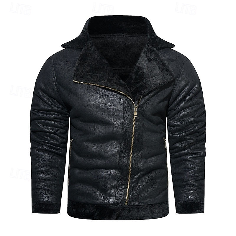 Men's Black Faux Leather Biker Jacket – Fleece-Lined Winter Outerwear