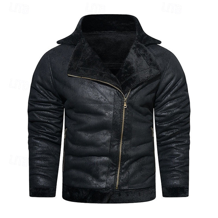 Men's Black Faux Leather Biker Jacket – Fleece-Lined Winter Outerwear