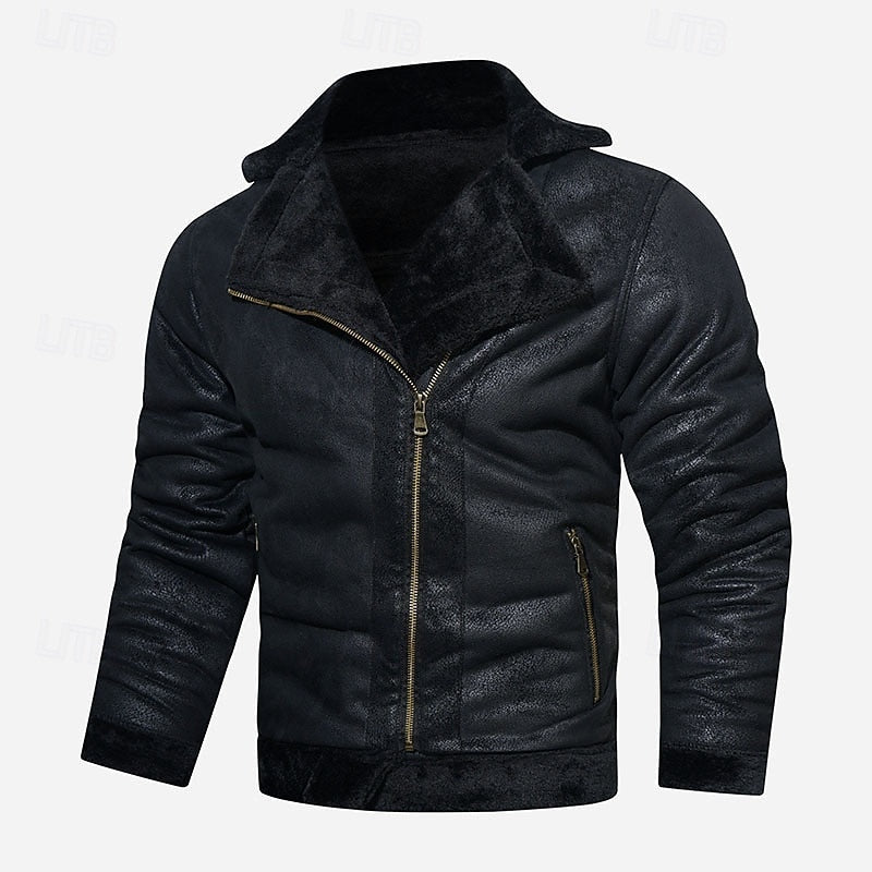 Men's Black Faux Leather Biker Jacket – Fleece-Lined Winter Outerwear
