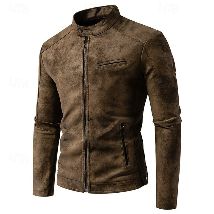 Men's Faux Leather Biker Jacket with Stand Collar and Zip-Up Design