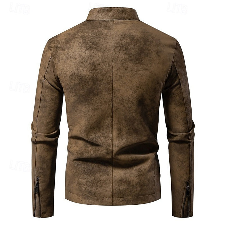Men's Faux Leather Biker Jacket with Stand Collar and Zip-Up Design