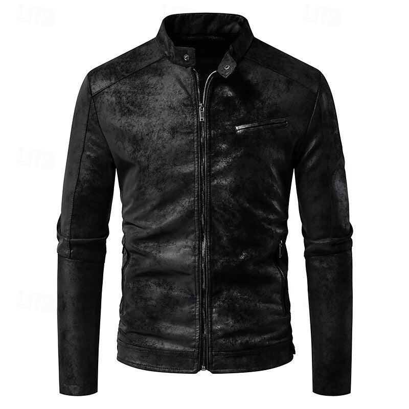 Men's Faux Leather Biker Jacket with Stand Collar and Zip-Up Design Black