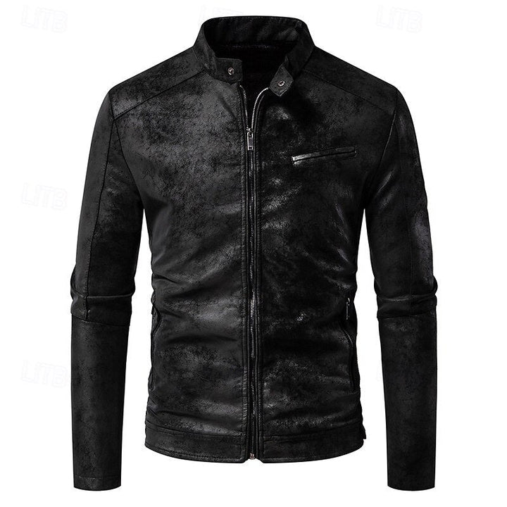 Men's Faux Leather Biker Jacket with Stand Collar and Zip-Up Design Black