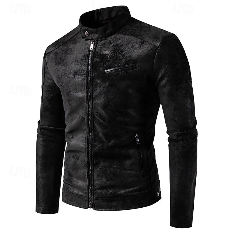 Men's Faux Leather Biker Jacket with Stand Collar and Zip-Up Design