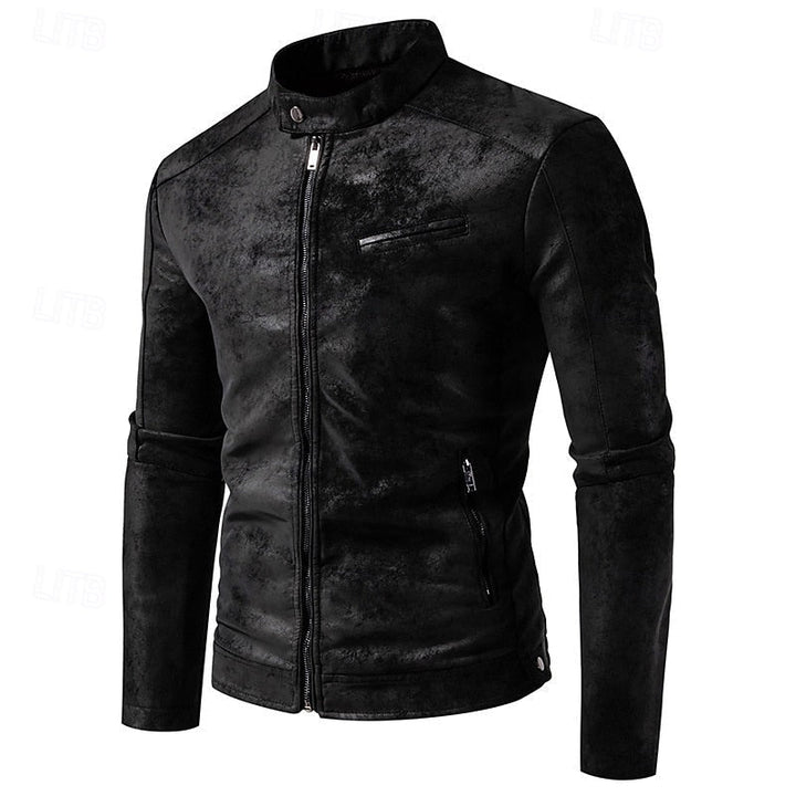Men's Faux Leather Biker Jacket with Stand Collar and Zip-Up Design