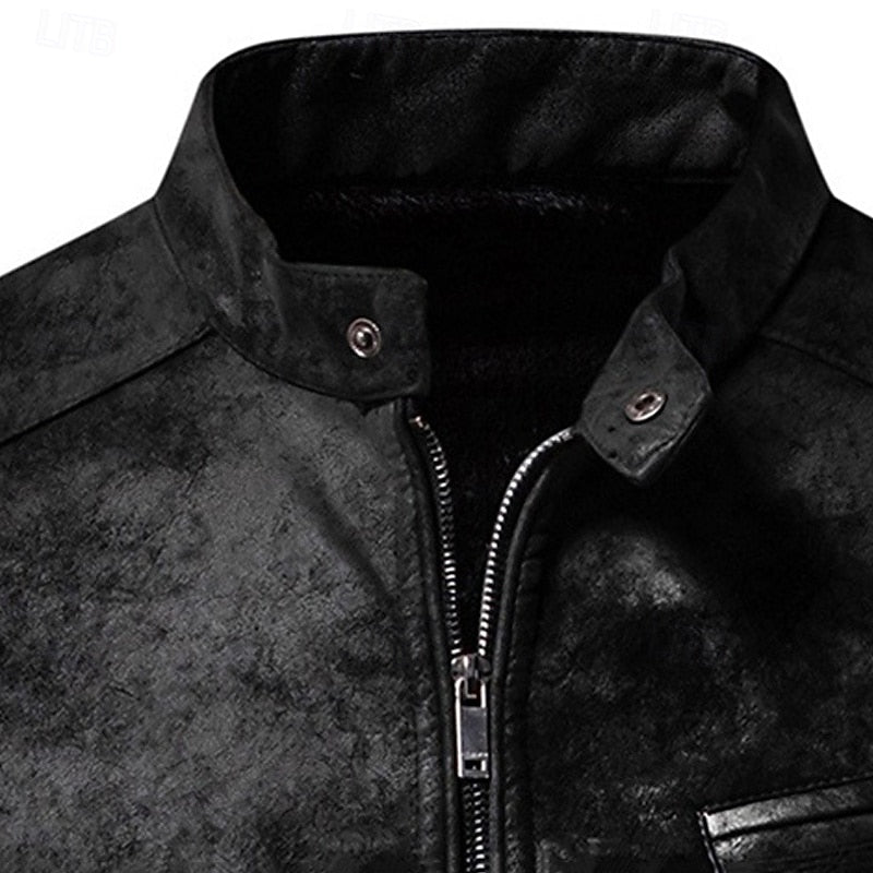 Men's Faux Leather Biker Jacket with Stand Collar and Zip-Up Design