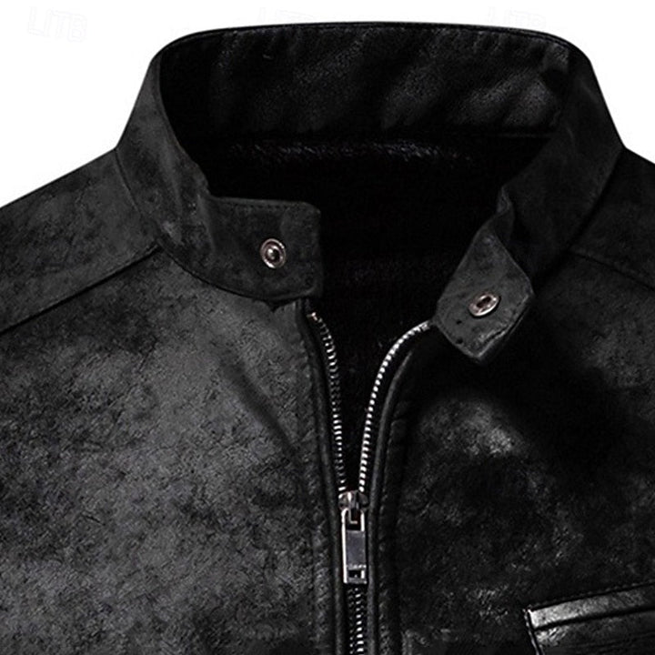 Men's Faux Leather Biker Jacket with Stand Collar and Zip-Up Design
